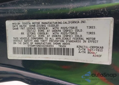 2003 Toyota Tacoma from USA, damaged, VIN 5TEWM72N03Z296853